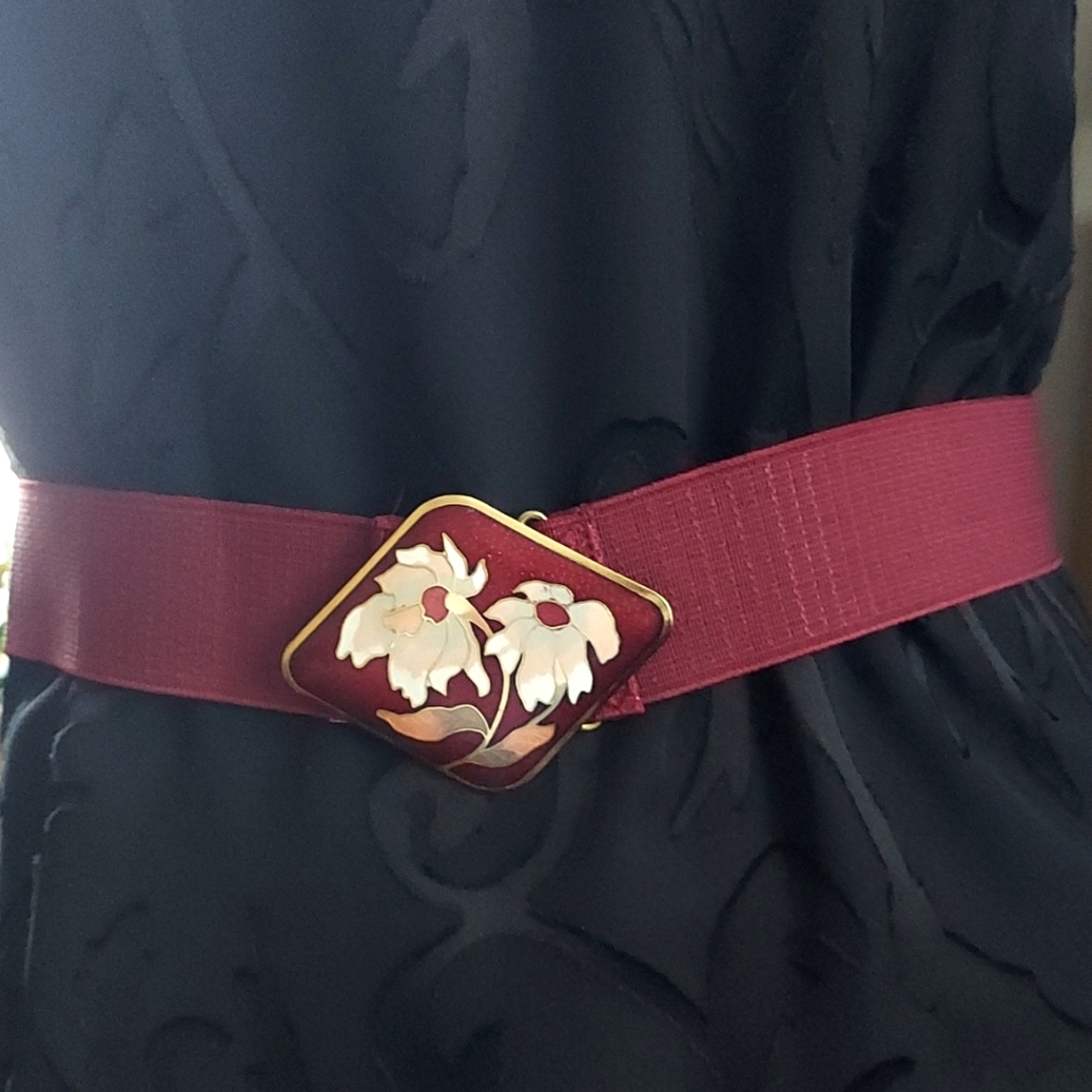 Belt Elastic Burgundy with Cloisonne‎ Buckle